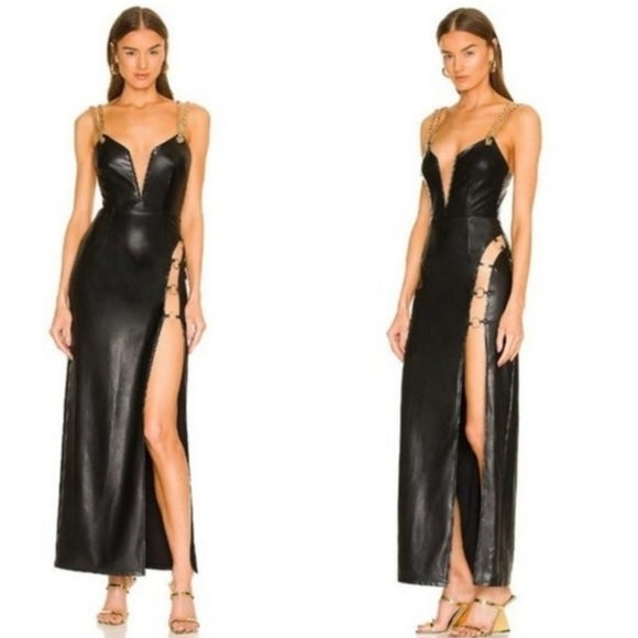 Michael Costello Dresses & Skirts - NWT Michael Costello X Revolve Black Faux Leather Maxi Dress Gold Chain Straps S